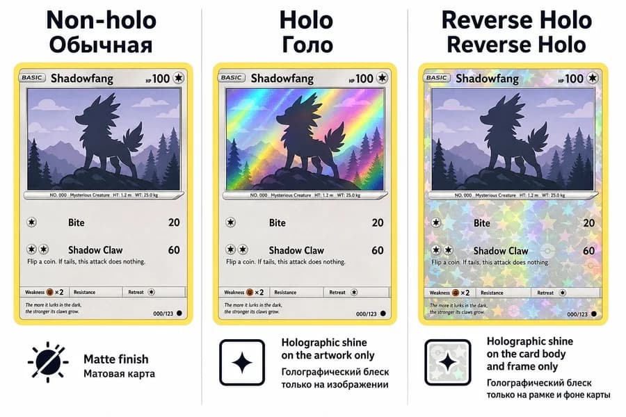 Сравнение исполнений карты Pokemon TCG: non-holo, holo и Reverse Holo