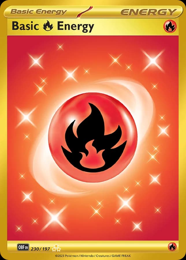 Пример Hyper Rare золотой Basic Fire Energy с тремя золотыми звёздами