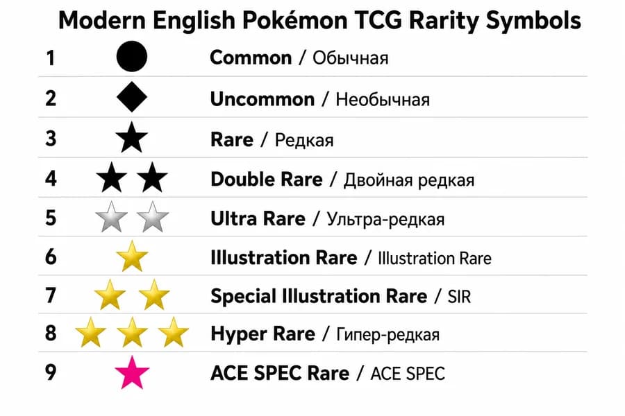 Таблица символов редкости современных английских карт Pokemon TCG: Common, Uncommon, Rare, Double Rare, Ultra Rare, Illustration Rare, SIR, Hyper Rare, ACE SPEC